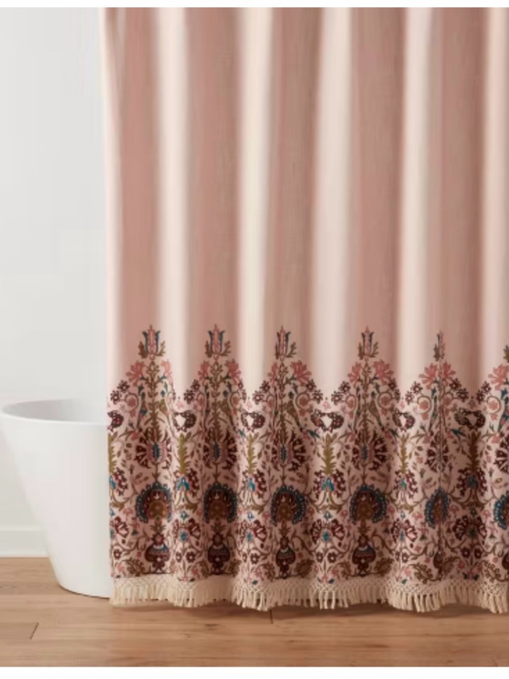 Threshold Blush Pink Boho Shower Curtain with Fringe